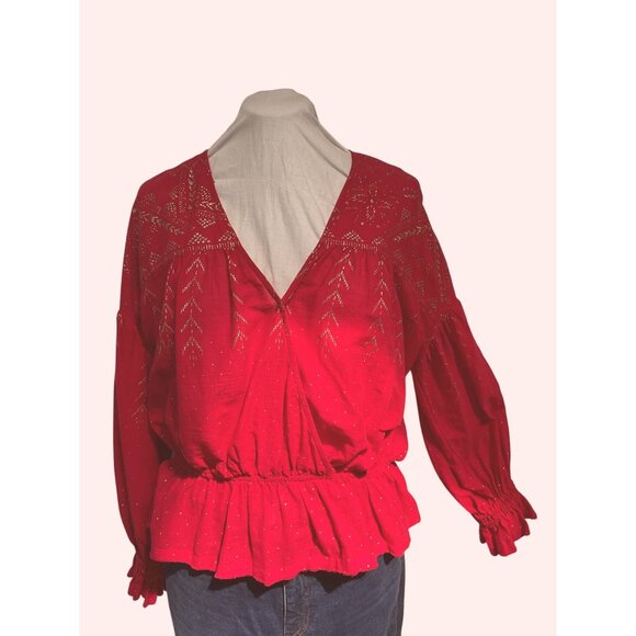 Free People Red Peasant Blouse Wrap Style Metallic Gold Embroidery Size S - Picture 1 of 5